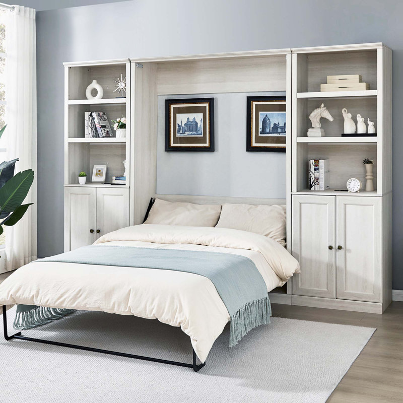 Kailer Murphy Bed With A Desk, Queen, 1 Bed, 1 Side Cabinet Storage Shelf, Rustic White