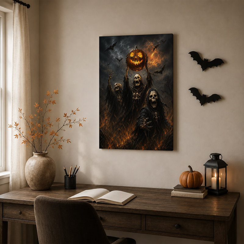 Trois squelettes tenant une citrouille rougeoyante sous une toile d'Halloween, H 24 po x l 16 po