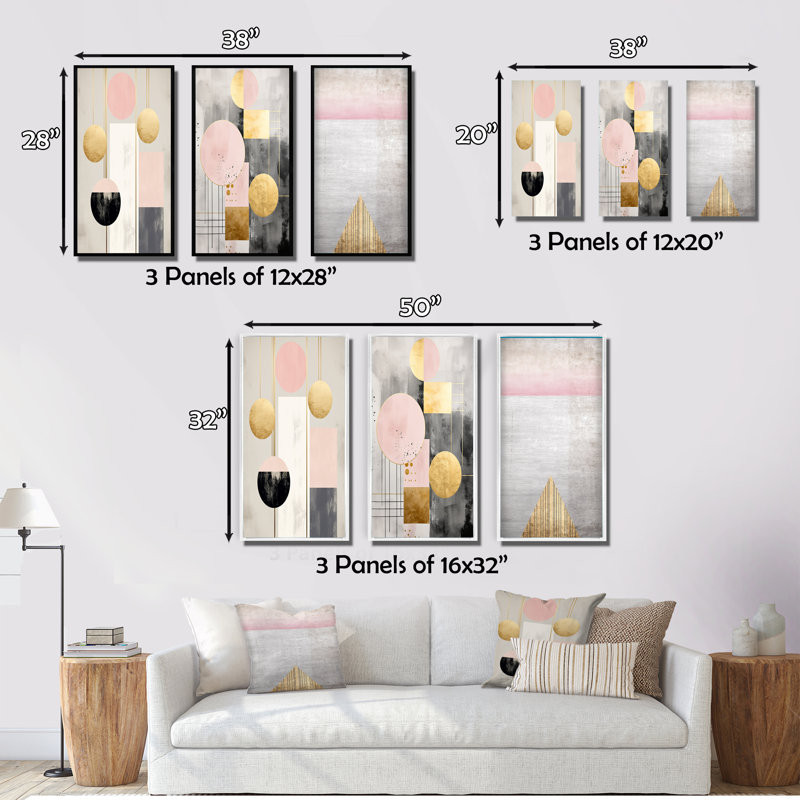 "Pleine lune rétro géométrie rose doré", 3 pièces sur toile, Toile tendue, H 20 po x l 36 po