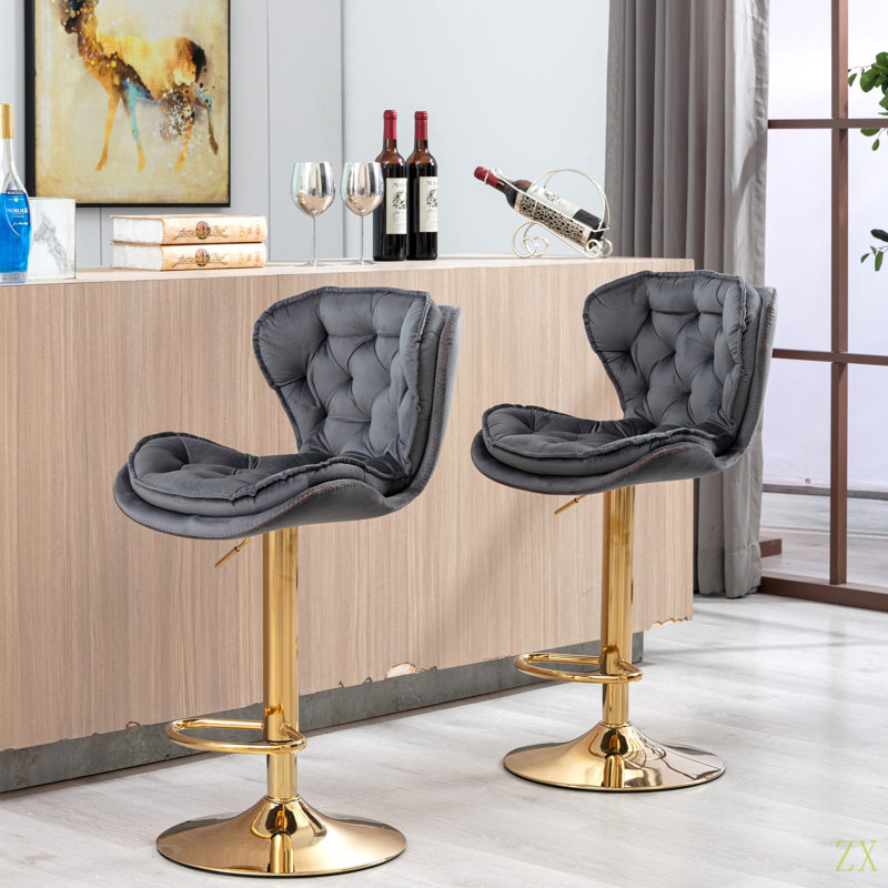 Ensemble de 2 tabourets de bar avec repose-pieds chromé et base pivotante à hauteur réglable en velours, Gris