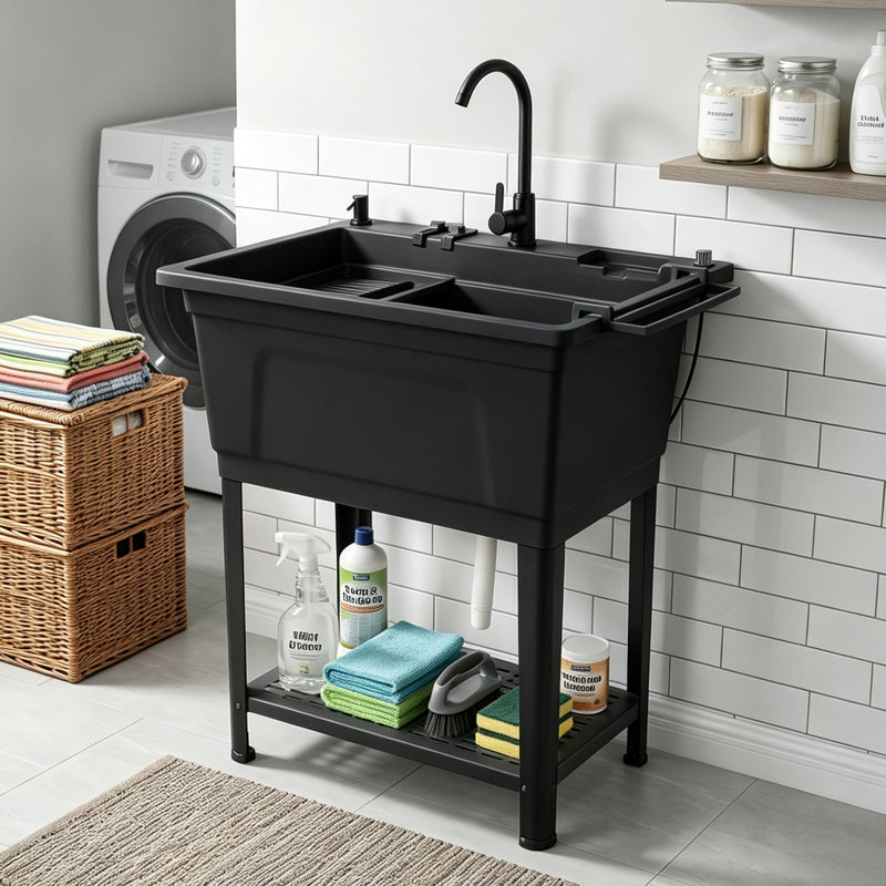 Évier utilitaire 29 gallons noir avec pieds en métal et robinet en acier inoxydable, Black