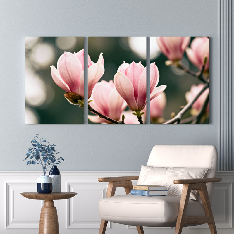 Ensemble de 3 tableaux sur toile tendue représentant des fleurs de magnolia rose, pour la décoration du salon et de la chambre.