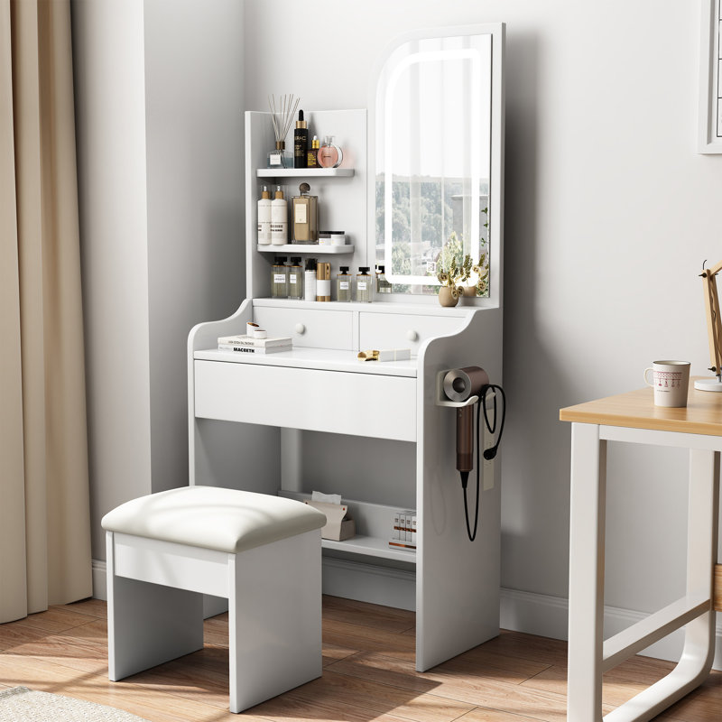Fashion Vanity Desk With Mirror And Lights For Makeup With Hair Dryer Holder And Chair, Vanity Mirror With Lights And Table Set With 3 Color Lighting Brightness Adjustable, 3 Drawers