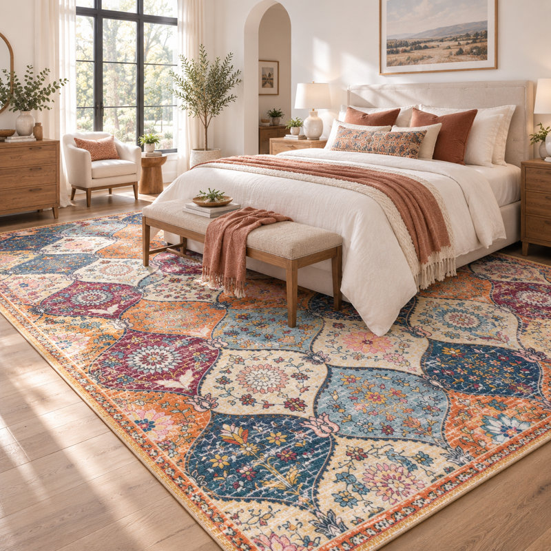 Bohemian Area Rug, Vintage Floral Pattern Soft Fluffy Carpet for Living Room, Bedroom, Dining Room, Washable Durable Boho Home Decor