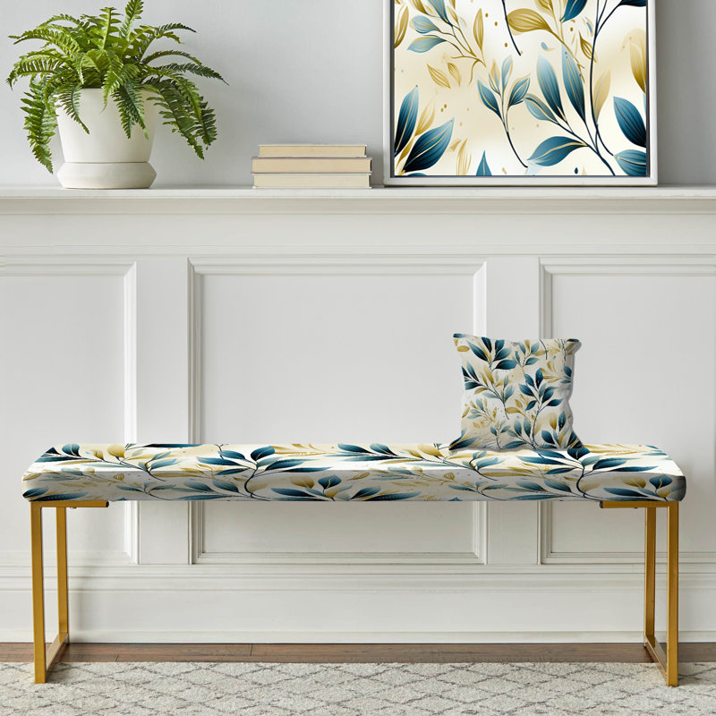 Floral Upholstered Gold Bench, Teal/Gold
