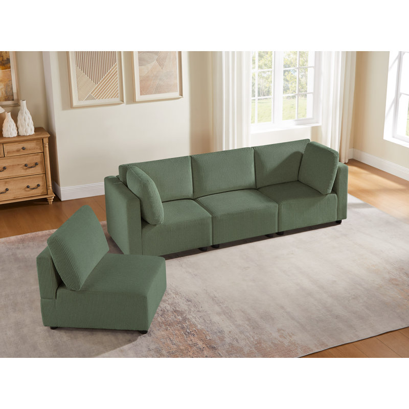 4-Piece Corduroy Upholstered Modular Sectional Sofa, Green Corduroy