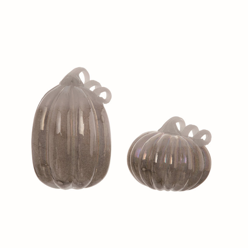  Ensemble de 2 citrouilles d'automne en verre et tiges bouclées argentées 10,25 po