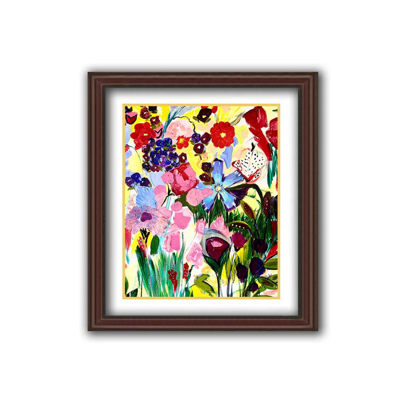 Jardin floral III par JD Studio, Papier avec cadre unique rouge, Jaune / Blanc, H 25 po x l 29 po x P 1 po