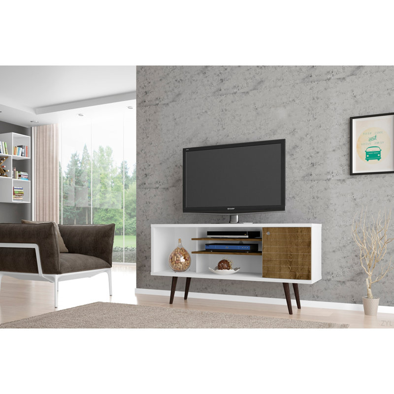 Meuble télé 53 po Mid-Century, Blanc/noyer
