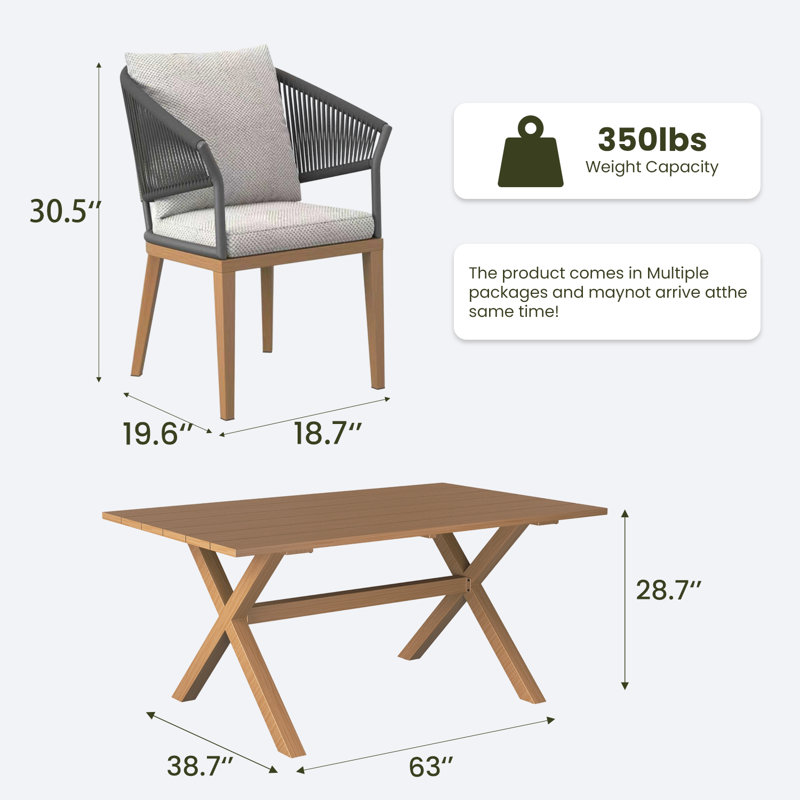 4 - Person Rectangular Outdoor Dining Set With Cushions, Beige Cushion/Brown Wood Frame, 5 Pcs: Table, 4 Chairs