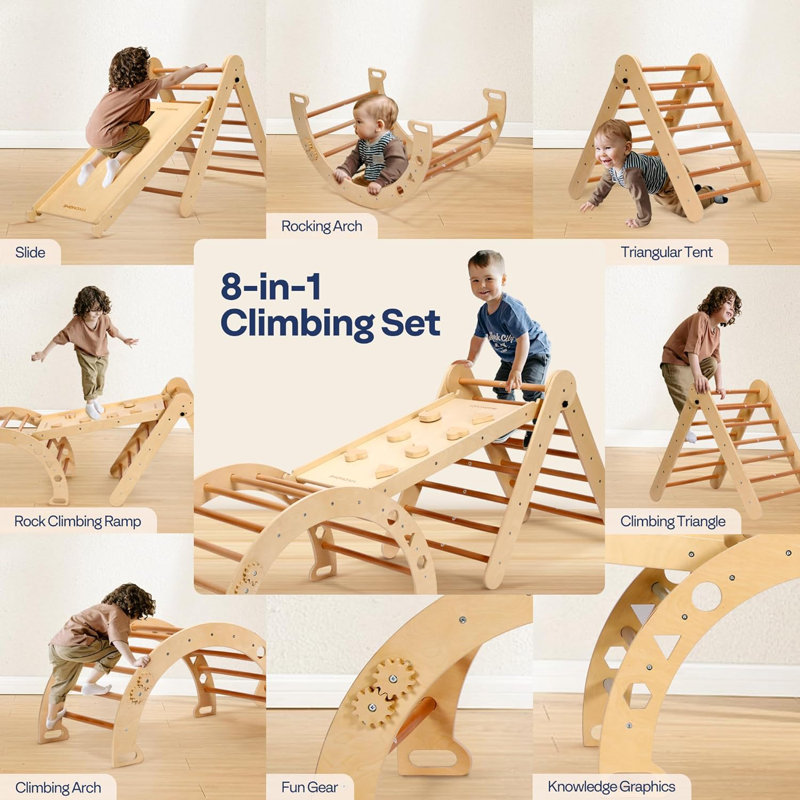 Natural Wooden 8-in-1 Pikler Triangle Climbing Set