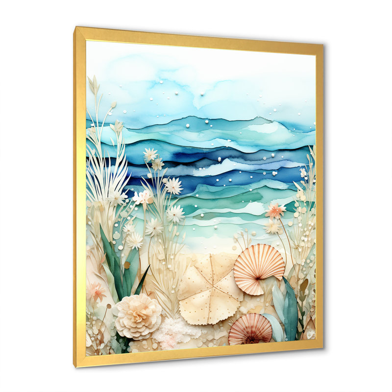 Coastal Tiles Collages - Botanicals, art mural, Encadrement doré, H 20 po x l 12 po x P 1 po