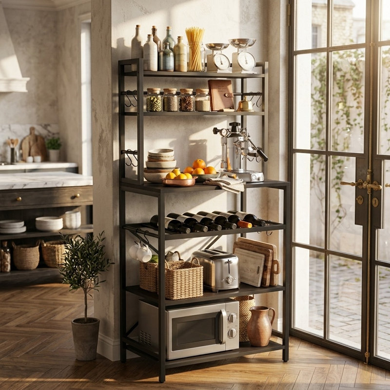 Industrial Rustic Kitchen Baker's Rack with Wine Storage & Hooks, Black