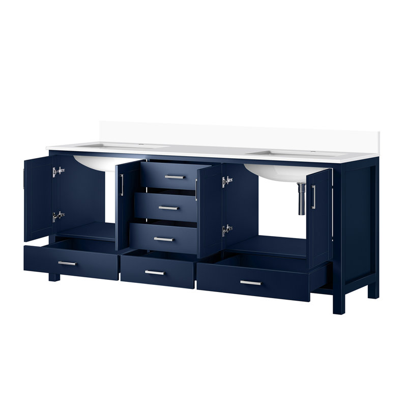 Bleu marine 80 po Meuble-lavabo double avec surface en quartz blanc - bois massif, fermeture en douceur, 6 tiroirs, 2 armoires et charnières à fermeture en haut