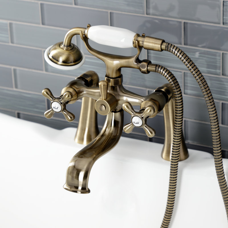 Kingston Brass Kingston Three-Handle 2-Hole Deck Mount Clawfoot Tub Faucet with Handshower, Antique Brass