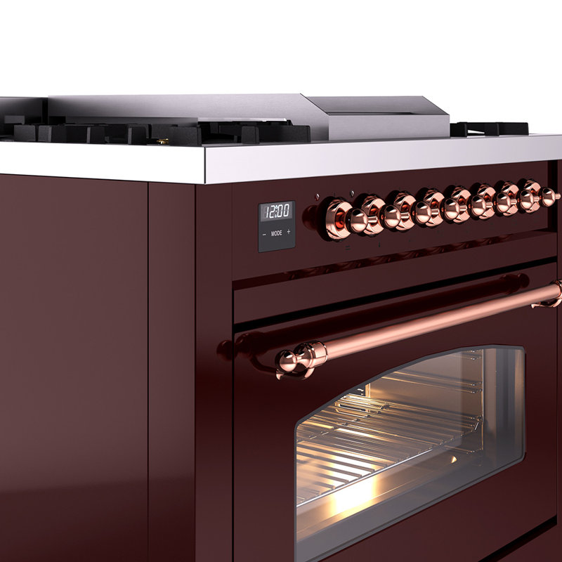 ILVE Nostalgie II Series 36 in. Dual Fuel Range with 6 Sealed Burners, Griddle (Natural Gas, Glass Door), Burgundy/Copper