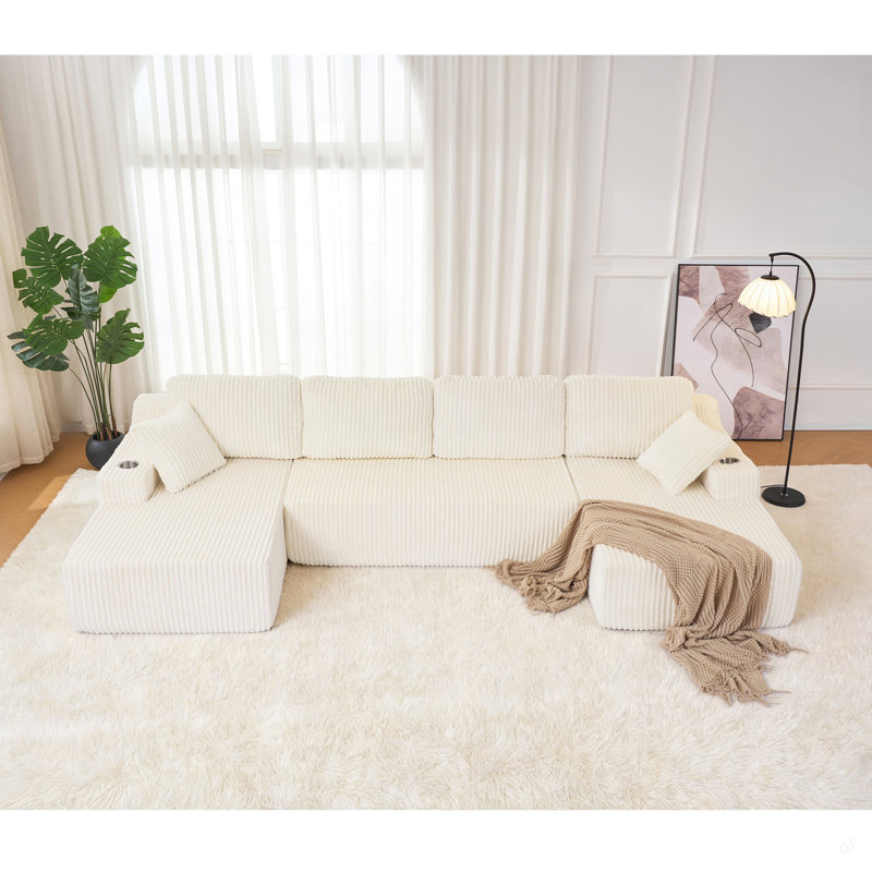 Canapé modulaire en forme de U modulaire, grand canapé en velours côtelé avec ressorts ensachés et mousse haute densité, ensemble de bricolage convertible 4 pièces avec porte-gobelets en métal, poches de rangement et dossier antidérapant