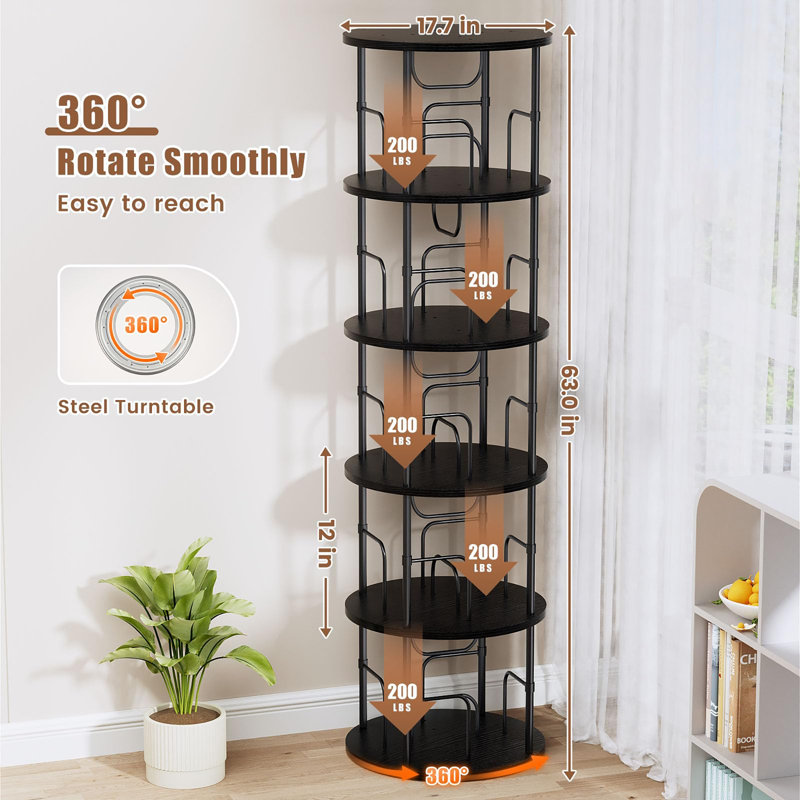 Bibliothèque rotative empilable à 6 niveaux, (5 tablettes) H 63 po x l 17,7 po x P 17,7 po, Noir