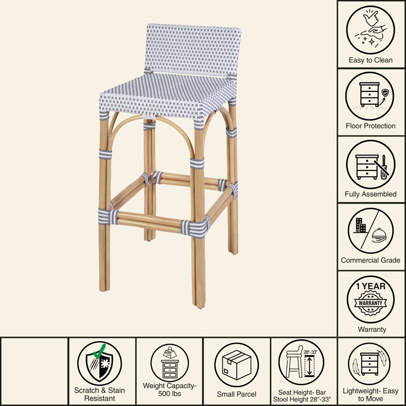 Serienna Blue & White Rattan Low Back Counter Stool, White/Gray Dot, Bar Stool (30" Seat Height)