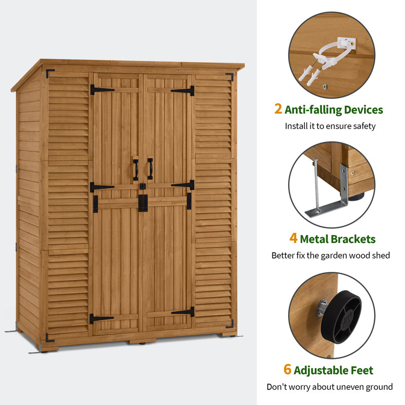 Natural Wood Outdoor Storage Shed with Shelving and Double Doors