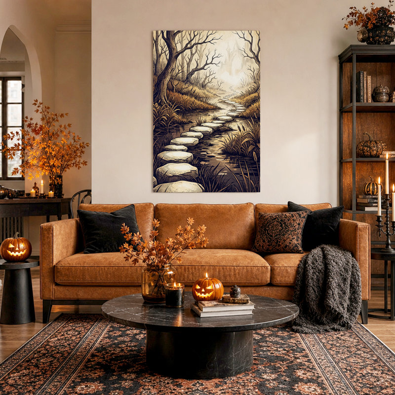 Toile murale d'Halloween représentant un chemin de dalles sépia à travers les bois, 30"H x 20"W