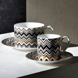 Missoni Tea Cup & Saucer Zig Zag Gold Luxury Box Set 6 Pcs. Diam. 3.3", H 2.3", Cap. 7.5 Oz, Saucer Dim. 6"