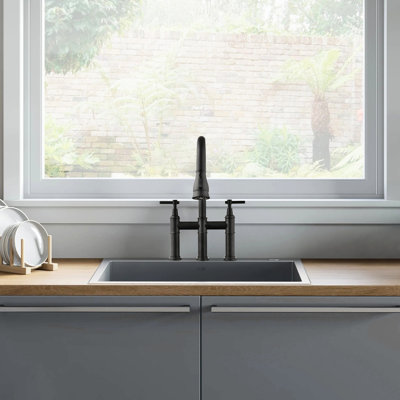 Double Handle Pull-Down Bridge Faucet For Kitchen In Matte Black, Corrosion , 304 Stainless, 1.5Gpm Flow, 8.85" Spout Reach, 9.25" Height Black With Design And Spray, 304, , Rate,