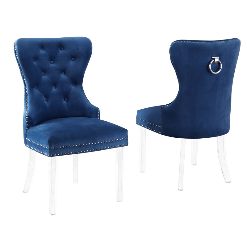 Chaise d'appoint rembourrée en velours Carner, Bleu marine