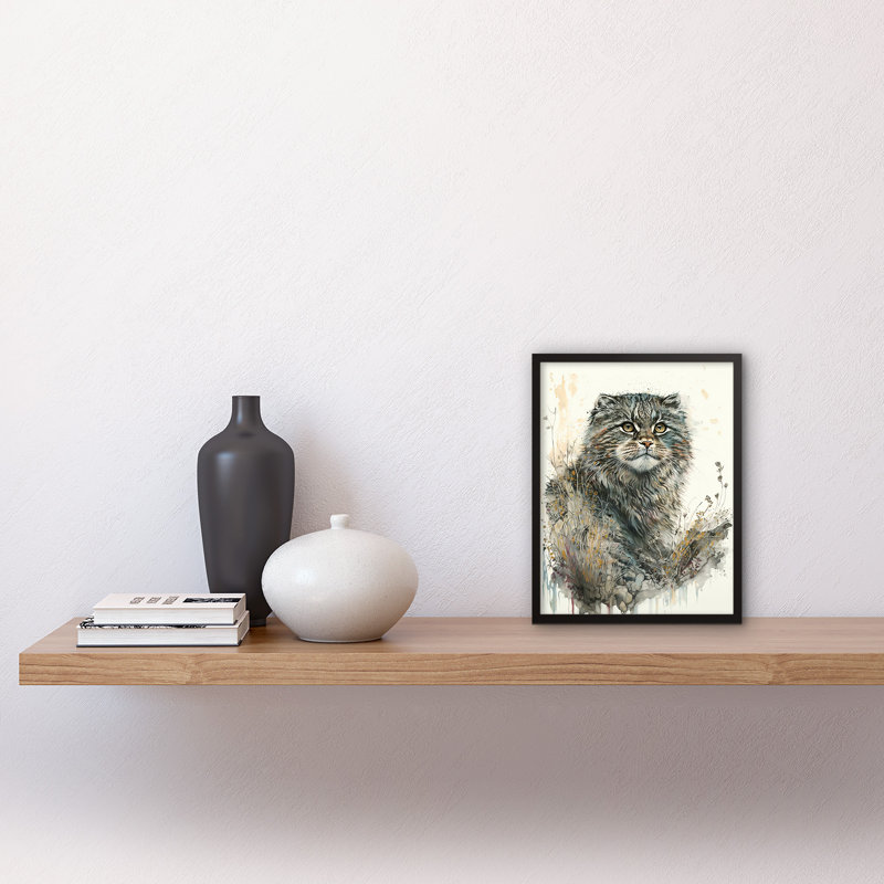 Manul Pallas Cat Portrait In Wildflowers Watercolour - Single Picture Frame Print