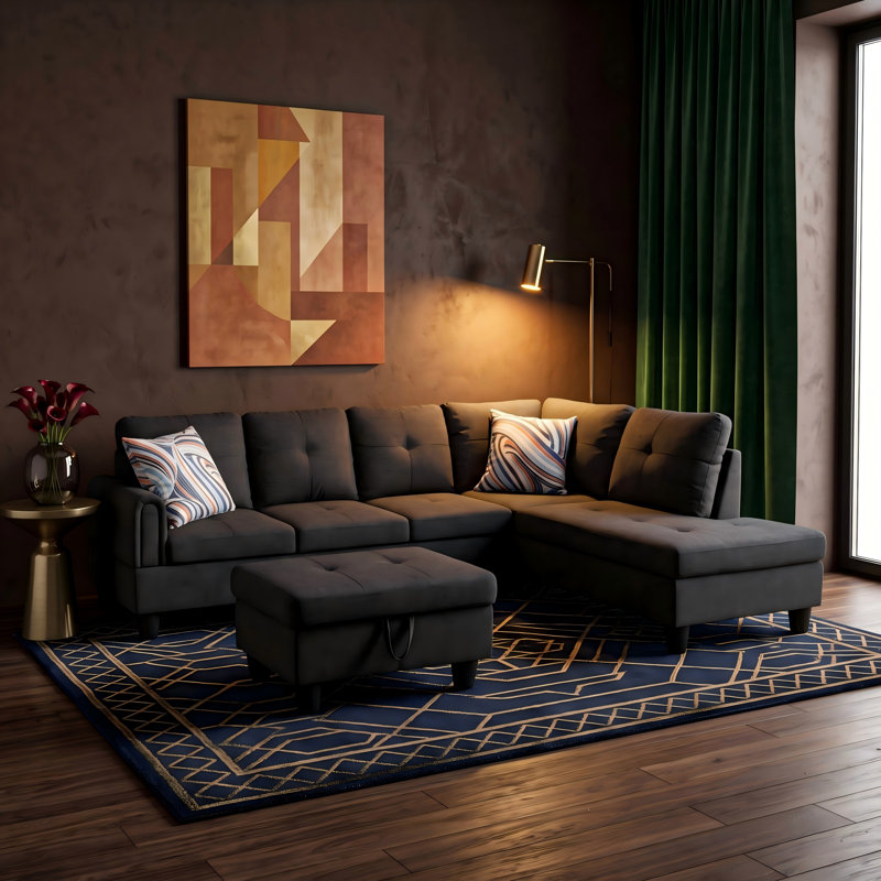 Canapé modulaire rembourré réversible avec repose-pieds, Lin gris noir, Orienté à droite