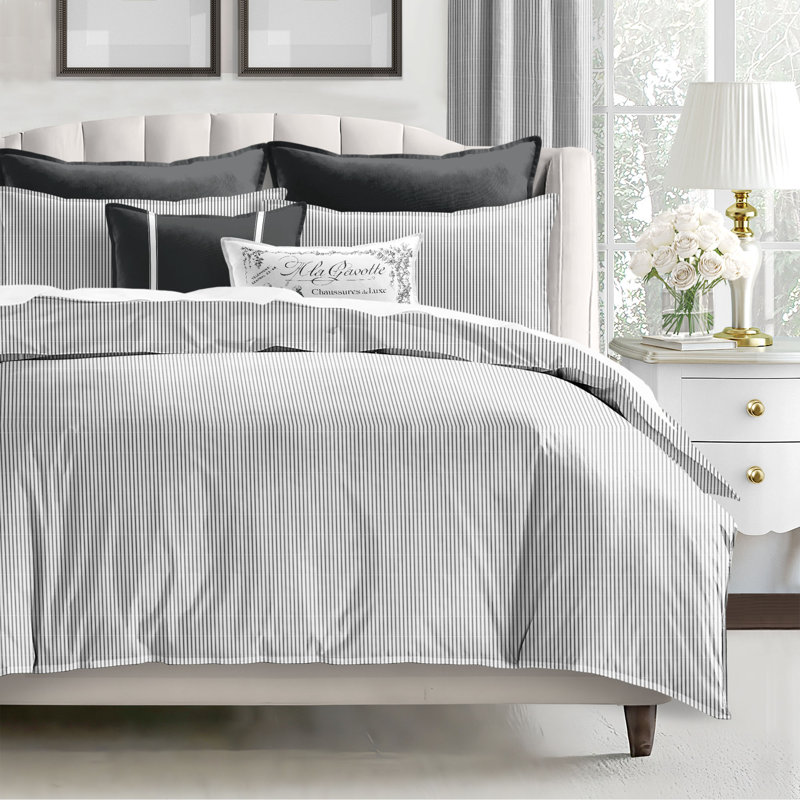 Jaxon Stripe Cotton Reversible Coverlet Set, Cal.King Coverlet/Bedspread + 2 King Shams, Ebony