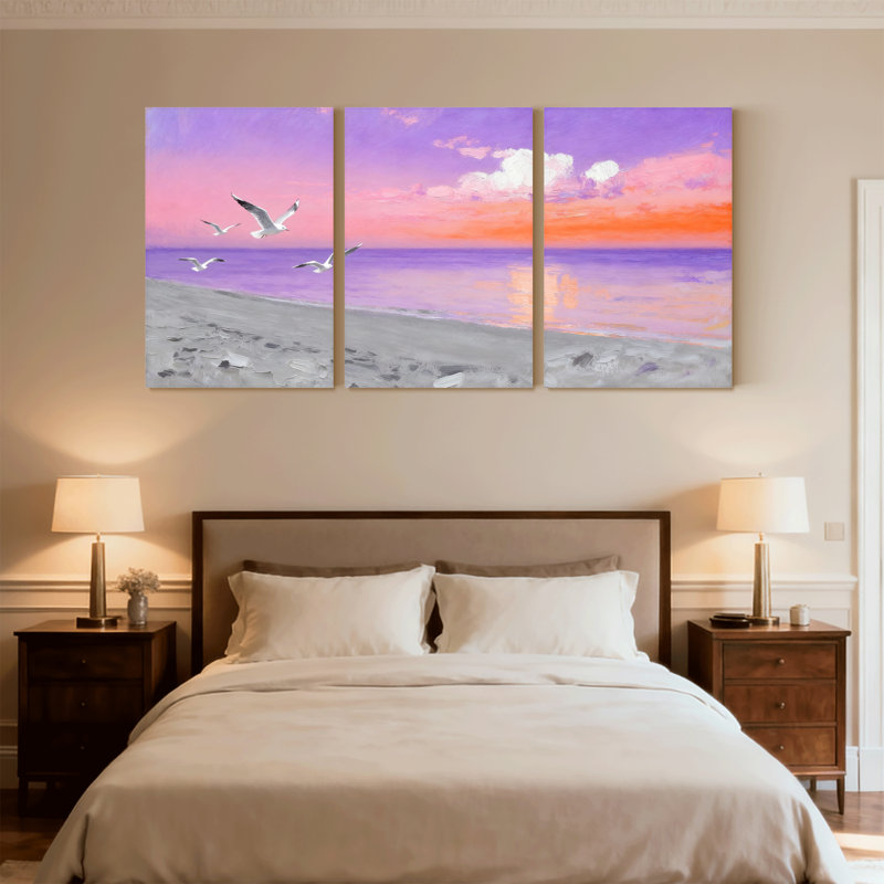 Plage, ciel mauve, coucher de soleil, mouettes, vagues de l'océan, ensemble de 3 impressions sur toile, H 30 po x l 60 po