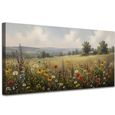 Vintage Flower Meadow Landscape Canvas Wall Art, Wildflower Field Wall Decor for Living Room Bedroom, Farmhouse Country Landscape Artwork, Gallery Wrapped, Ready to Hang, (16"x32")