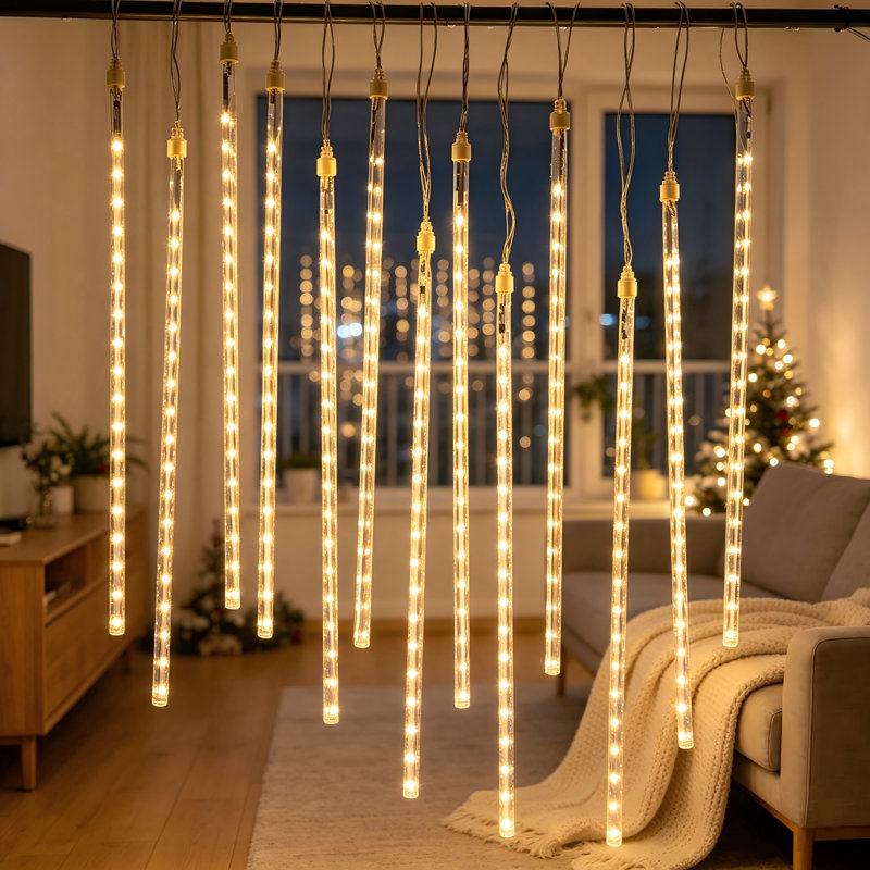 10 lumières de Noël en forme de pluie de météorites, 360 lumières à glaçons tombant, Blanc chaud