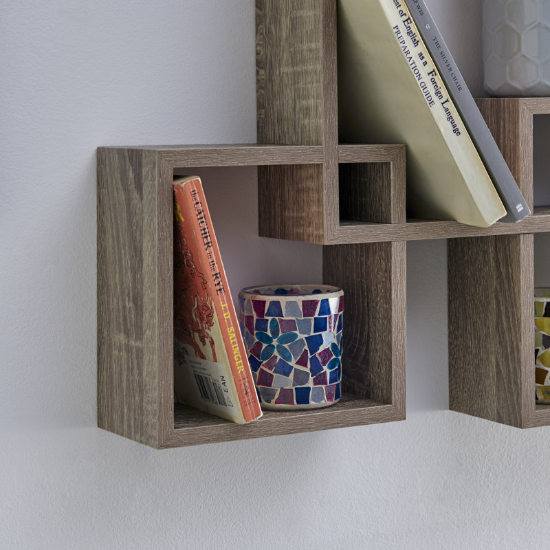 Intersecting Cube Accent Wall Shelf, Weathered Oak, 17.75" H x 25" W x 3.8" D