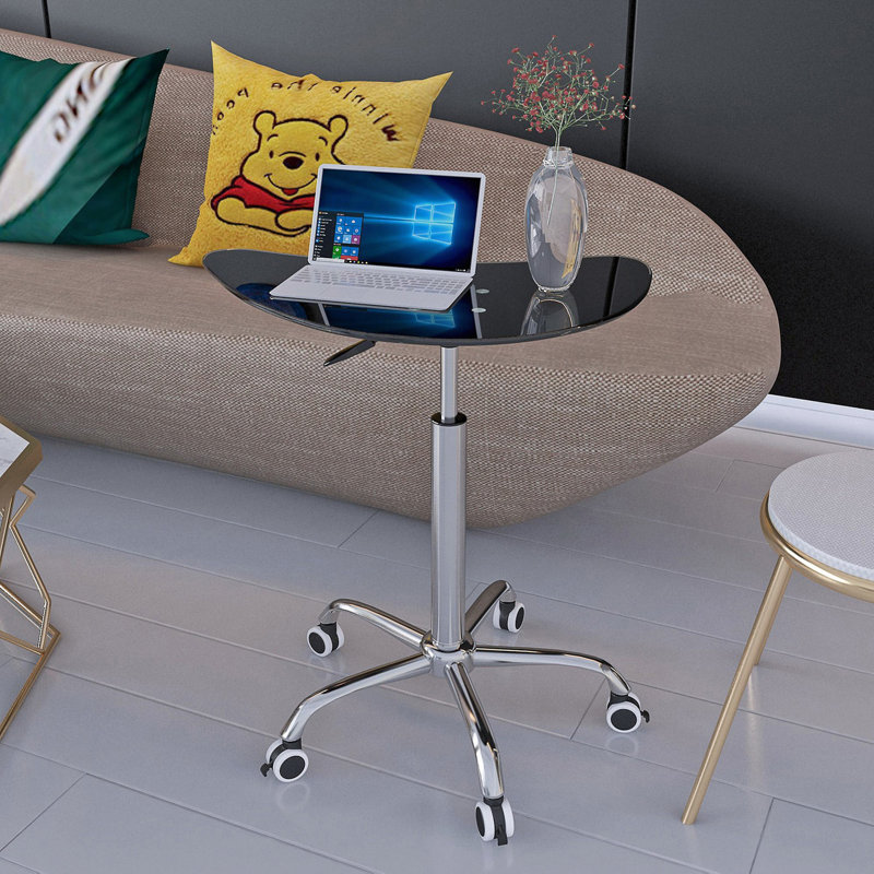 Adjustable Height Tempered Glass Table, Desk Table With Lockable Wheels, Side Table, Clear Black