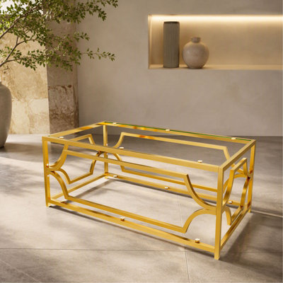 Modern  Glass Coffee Table, Luxury Rectangle Center Table with Metal Frame, Glam Cocktail Table for Living Room, Elegant Contemporary Coffee Table
