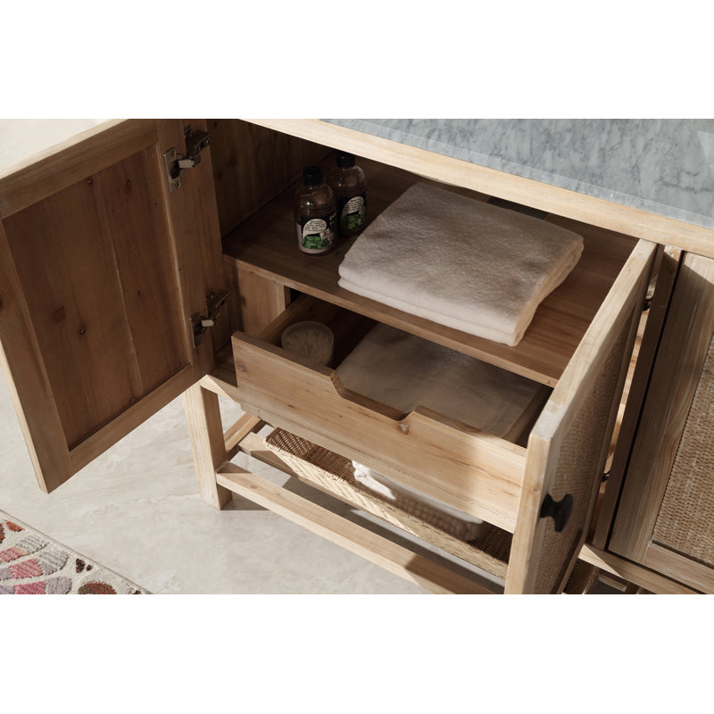 60'' White Wash Fir Wood Double Bathroom Vanity with Marble Top