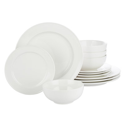 Waterside Atelier Porcelain Dining Set, 12 Piece Contemporary White Tableware Set for 4
