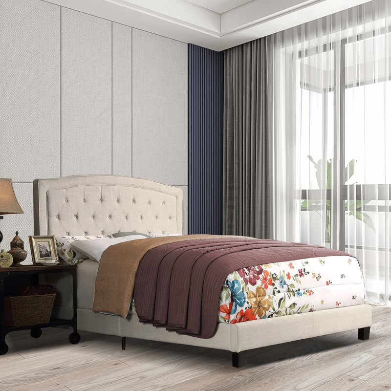Lit tapissier rembourré avec tête de lit à hauteur ajustable, Double, Beige