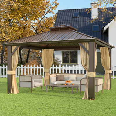 Pavillon de jardin à toit rigide 10 pi x 10 pi, double toit en acier galvanisé, cadre en aluminium avec rideaux et filet