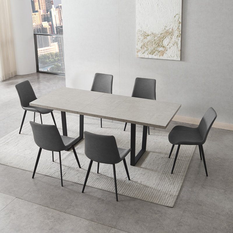 Kloc  51''-67'' Modern  Extendable Kitchen Dining Set with 6 Upholstered Chairs, Gray, 7 Pieces: Table, 6 Chairs