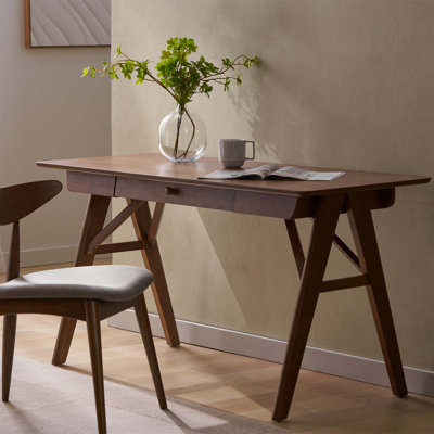 Bureau compact en bois avec tiroirs, idéal pour les petits espaces et le bureau à domicile, avec hévéa durable et pieds en A.