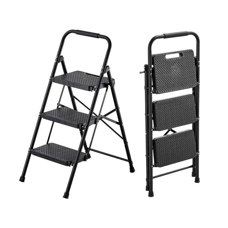 Échelle à 3 marches, escabeau pliant avec large pédale antidérapante et poignée confortable, échelle légère en acier portable d'une capacité de 600 lb, multiusage pour la cuisine, la maison, le ménage et le bureau, noir