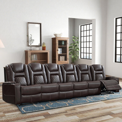 Modern 7-Seat Premium Faux Leather Power Reclining Home Theater Sofa With Cup Holders & Arm Storage