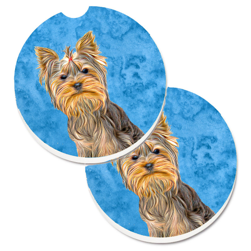 Ceramic Round 2 Piece Car Coaster Set, Yorkshire Terrier