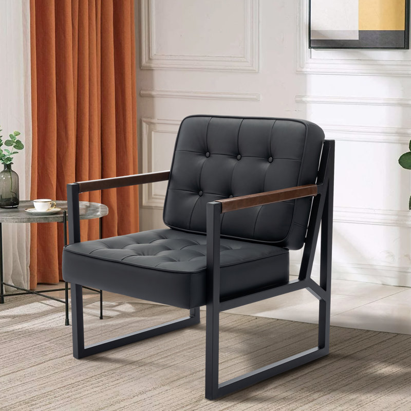 Modern Faux Leather button-tufted design Accent Chair with Metal Farme 110° Recline, Black Faux Leather