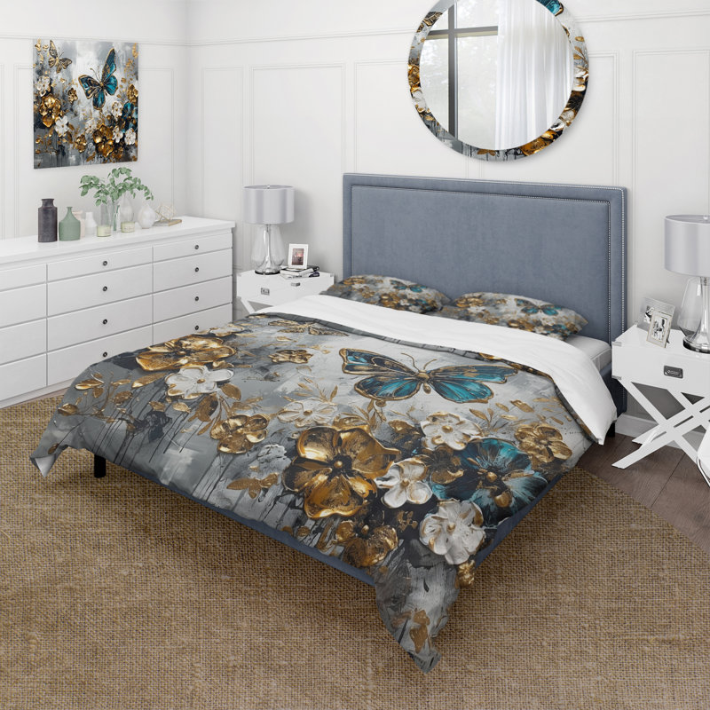 Ensemble de housse de couette en microfibre / polyester Golden Blue Butterfly Wings and Flowers V