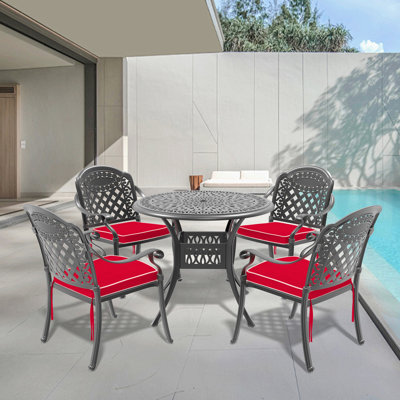 5 meubles de patio d'extérieur en fonte d'aluminium avec coussins - noir, construction anticorrosion, empilable, table ronde, ensemble de chaises confortables antirouille, 4, toutes saisons, arrangement