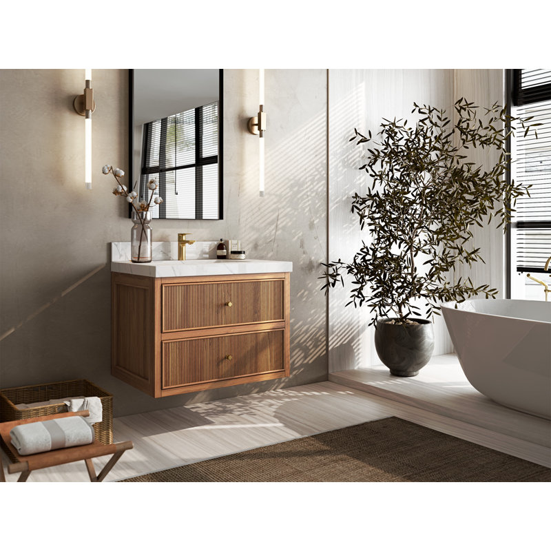 Sonoma Floating Teak 30'' Single Bathroom Vanity with Quartz Top, Calacatta Laza